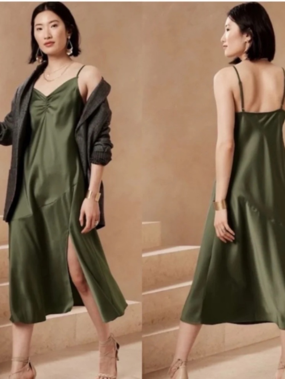 Banana Republic NWT Olive Green Satin Slip Dress | XL | Midi Dress |